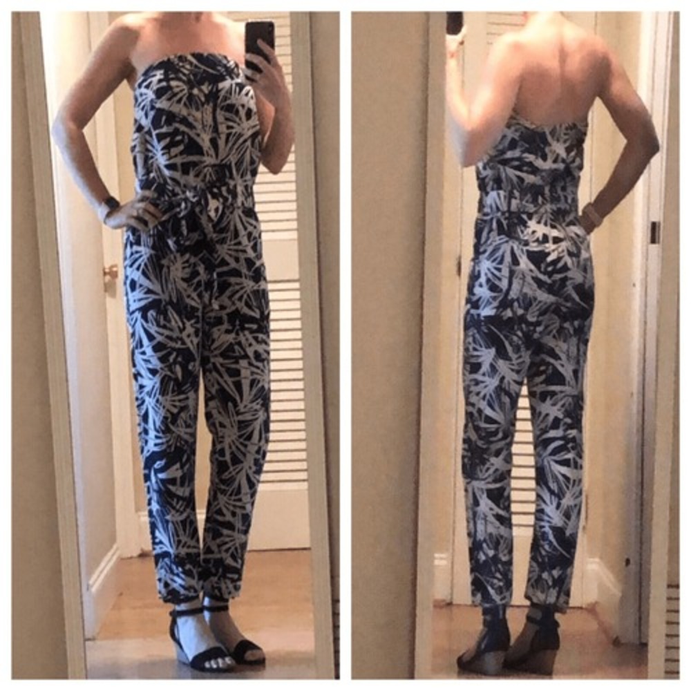 LOFT Jungle Fever Black Palm Print Strapless Linen Blend Jumpsuit 2